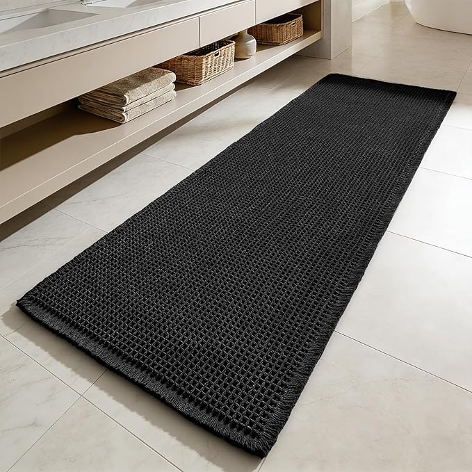 MIULEE Waffle Bathroom Runner Rugs, Super Absorbent Non Slip Bath Rug, Upgraded Soft Quick Dry Washable Boho Large Bath Mat with Tassels for Hallway Laundry Room Bedroom, 2'x5' (24"x60"), Black