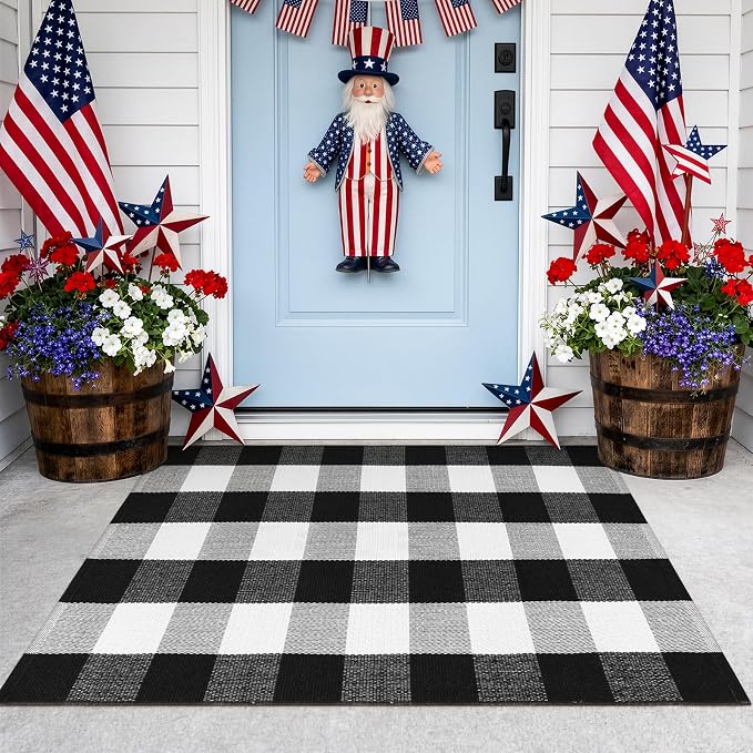 KIMODE Front Door Mat Buffalo Plaid Outdoor Rug 27.5"x43" Black and White Checkered Rug Farmhouse Front Porch Rug Outdoor Srping Decor Cotton Woven Washable Layered Door Mats