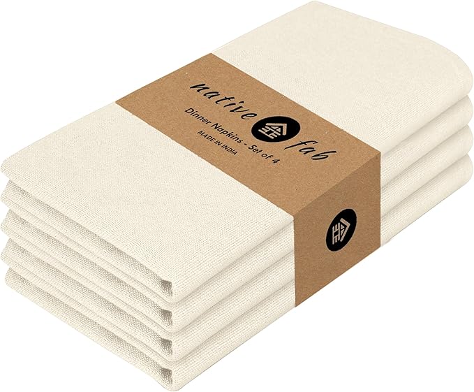 Native Fab Cloth Dinner Napkins, 4 Pack, 100% Cotton, 17x17 Inches, Soft Texture, Machine Washable, Colorfast, Suitable for Easter Lunch, Bridal Showers, Tea Parties, Formal Dining, Ivory