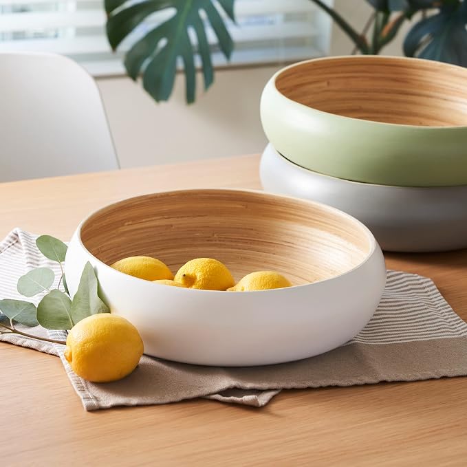 Fruit Bowl for Kitchen Counter – Handmade Spun Bamboo, Large 11.75" Fruit Basket, Eco-Friendly Decorative Serving Bowl for Home Decor, Produce Storage & Centerpiece (White)