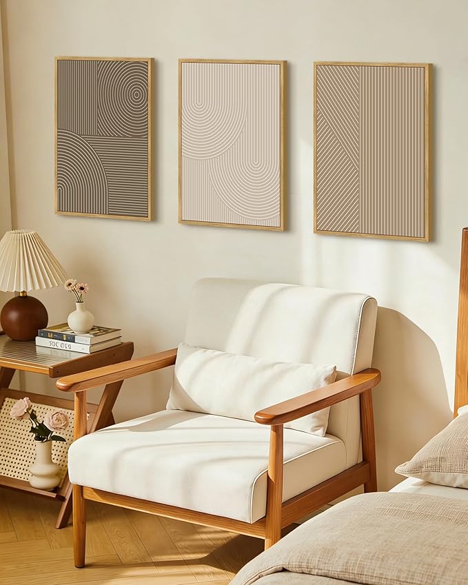 PHOPAGO Boho Mid-Century Modern Framed Wall Art Minimalist Abstract Neutral Line Wall Decor Bohemain Geometric Artwork Kitchen Dining Room - 12x16in Natural Framed