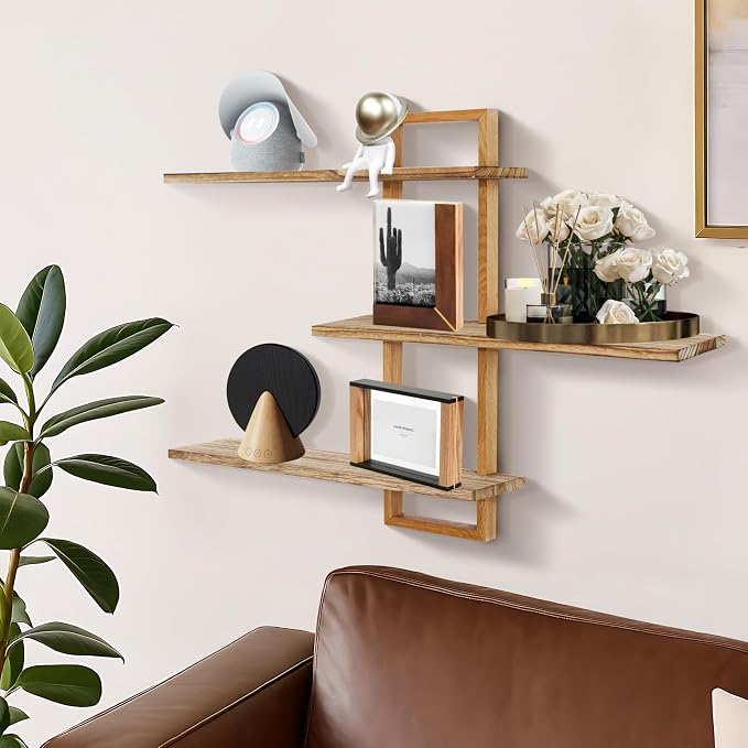 3 Tier Wall Shelves,Decorative Floating Shelf for Wall,Plants Photo Shelf Storage Display Shelving Wood for Living Room Bedroom Kitchen Home Office Decor,Modern,Large,22 Inch(Carbonized Black)