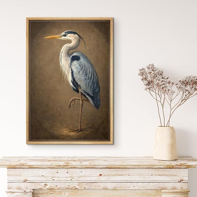 MUDECOR Framed Canvas Print Wall Art Classic Heron Portrait in Vintage Natural Style Illustrations Minimalism Decorative Bohemian Zen for Living Room, Bedroom, Office - 24"x36" NATURAL