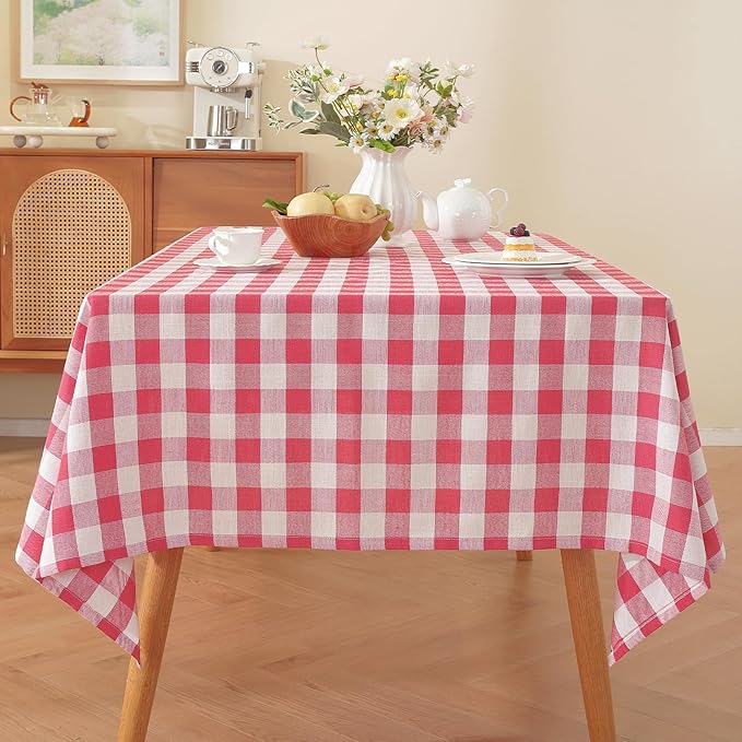 Red Checkered Tablecloth, Gingham Table Cloth Cotton Linen Fabric, Washable Wrinkle Free Buffalo Plaid Table Cover for Picnic Farmhouse Christmas Holiday Party 60"x90" Rectangle