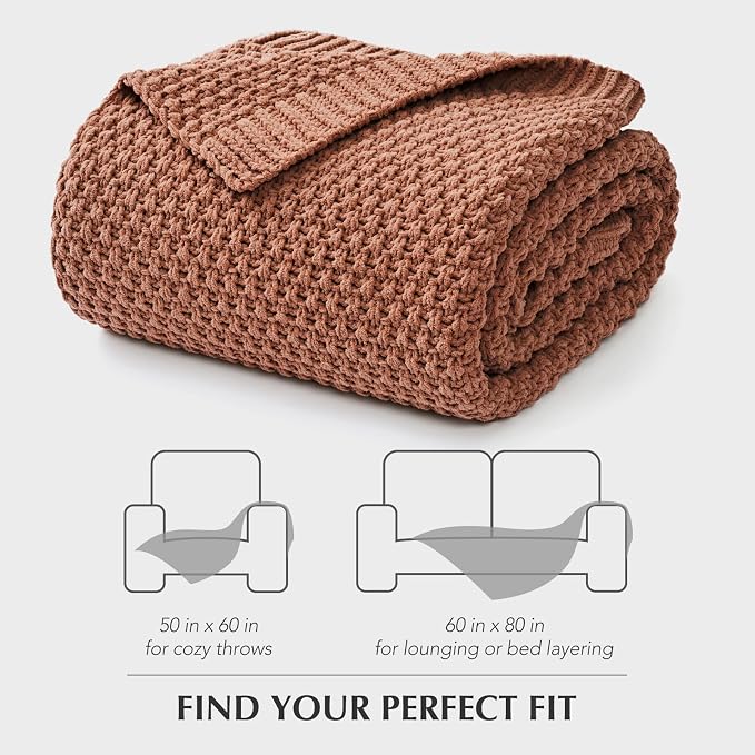 EVERGRACEHOME Chunky Chenille Knit Throw Blanket for Couch, Soft Luxurious Moss Stitch Blankets for Bed, Cozy Decorative Farmhouse Knitted Throws for Sofa, Terracotta Clay, 50" x 60"