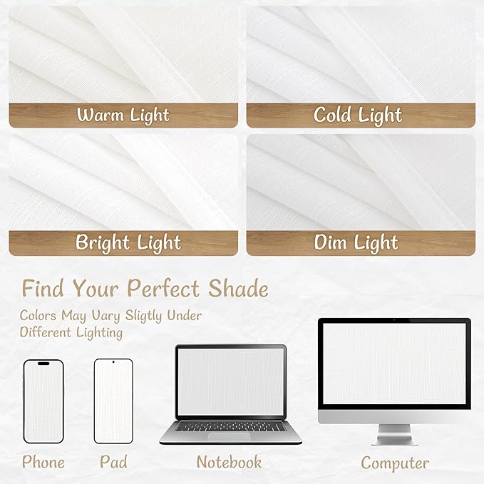 LAMIT White Semi Sheer Linen Curtains for Bedroom 2 Panels Set, 54 Inch Light Filtering Neutral Drapes Back Tab and Rod Pocket Panels for Kitchen/Small Windows/Living Room, 34 x 54 Inch