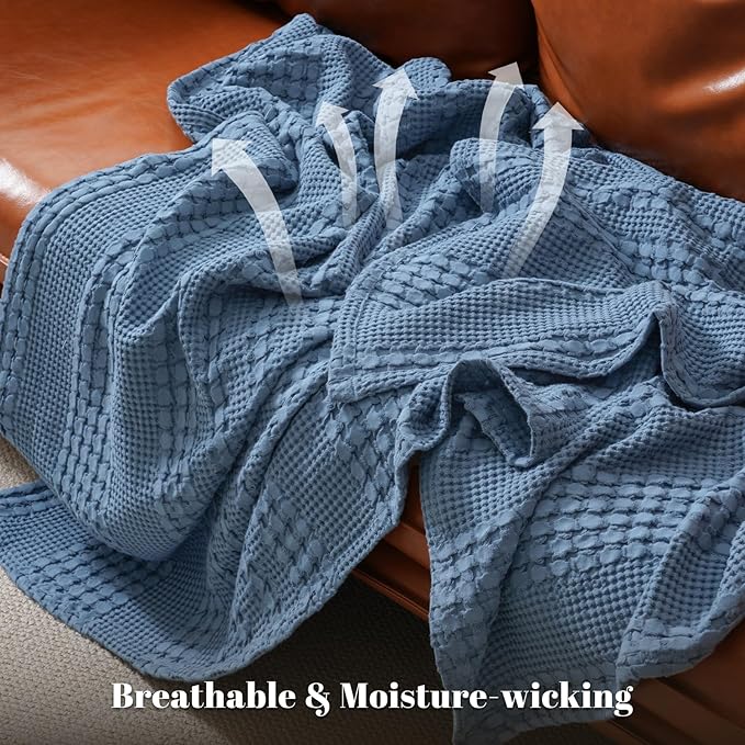 PHF 100% Cotton Waffle Weave Blanket Queen Size for Bed, Soft Lightweight & Breathable for Spring and Summer, All-Season Comfort, Luxury Aesthetic Blanket for Home Decor, 90"x90", Denim Blue