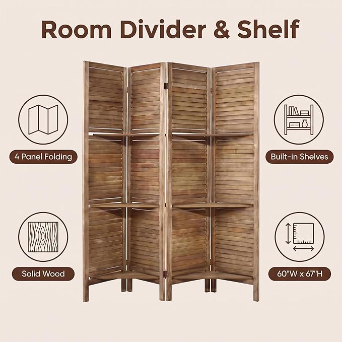 Bluecat 4 Panel Room Divider with Shelves,64" W x 67" H Foldable Privacy Screen, Freestanding Solid Wood Partition Wall for Home Office Bedroom, No Assembly Required,Dark Brown