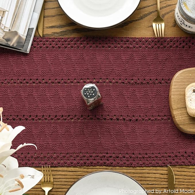 Artoid Mode Red Farmhouse Woven Rustic Hollow Table Runner, Seasonal Holiday Hollow Kitchen Dining Table Decoration for Home Party Decor 12x90 Inch