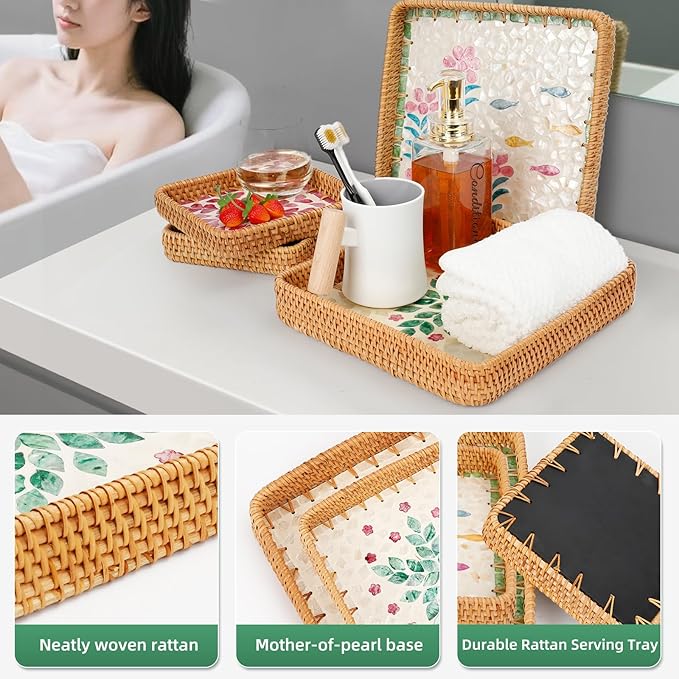 1 pcs Rectangle Rattan Serving Tray with Mother of Pearl Inlay, Decorative Wicker Tray for Coffee, Bread, Fruits, Elegant Table Decor for Living Room & Dining Room