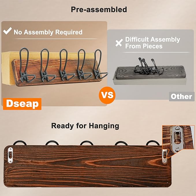 Dseap Coat Rack Wall Mounted - Heavy Duty Farmhouse Rustic Wall Coat Hanger with 5 Wire Hooks for Clothes Hat Jacket Towel, RusticWire, G25A, Black, Pack of 2