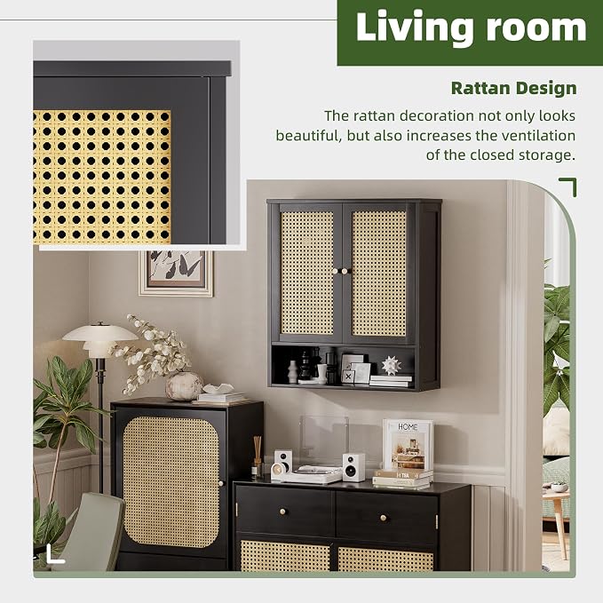 Bathroom Wall Cabinet, Bamboo Over-The-Toilet Storage Organizer with 2 Rattan Doors and Adjustable Shelf, Space Saver Medicine Cabinet for Laundry, Kitchen, Living Room (Black)