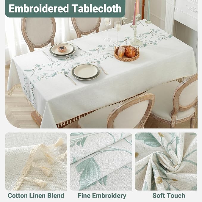 Laolitou Cotton Linen Spring Tablecloth for Dining Waterproof Rustic Farmhouse Kitchen Rectangle Table Cloth Coffee Table Cover, Beige, Green Coffee Flower, 55x102 Inch