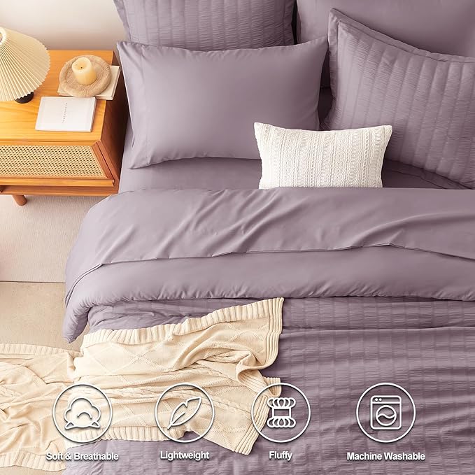 CozyLux Twin XL Comforter Set with Sheets Seersucker Dusty Purple 5 Pieces Bed in a Bag, Grayish Purple Twin Extra Long Bedding Sets College Dorm Down Alternative Comforter, Sheets, Pillowcase & Sham