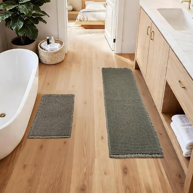 Large Bathroom Rugs Sets 2 Piece - Waffle Bath Mat Non Slip, Extra Absorbent Washable Bathroom Mats for Tub and Shower, Quick Dry Spa Decor, 20x32 & 20x48, Olive Green