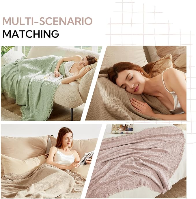 SOULFUL Muslin Throw Blanket with Tassels - Soft Queen Cotton Throw Blanket for Couch or Bed, Lightweight and Breathable Gauze for All Seasons, LightChampagne, 90" x 90"