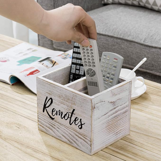 MyGift Remote Control Holder,TV Remote Holder,Wood Remote Caddy for Table,2 Large Compartment,Shabby Whitewashed Solid Wood with Black Cursive Remotes Label