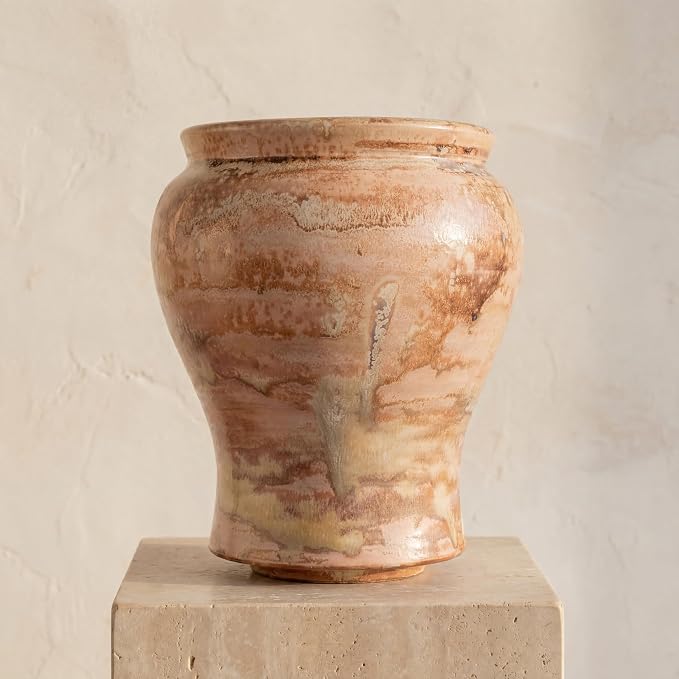 Rustic Farmhouse Ceramic Vase Home Decor, Handmade Vintage Stoneware Clay Pottery Terracotta Textured for Modern Farmhouse, Living Room, Office Desk Table Shelf, Grey and White
