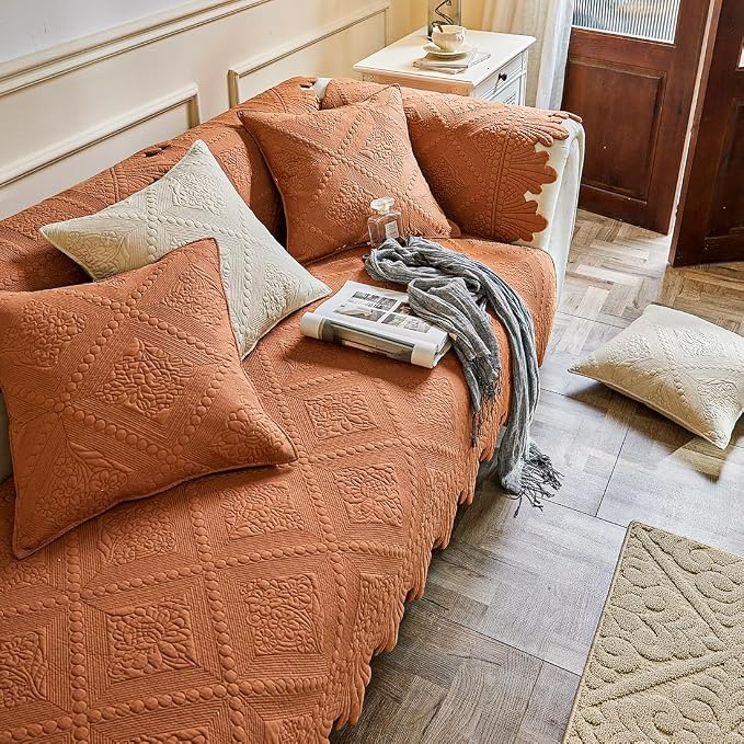 vctops Neutral Cotton Quilted Couch Sofa Cover Floral Embroidery Non-Slip Sectional Couch Covers Soft Cozy Sofa Slipcover for Dogs Cats Pet Armrest Backrest Cover (Brown Orange,43"x63")
