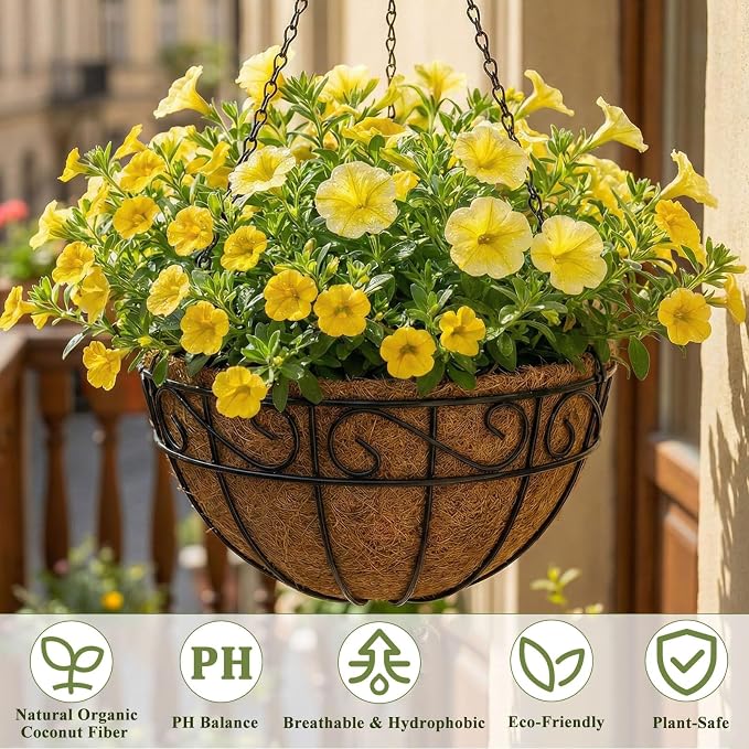 3 Pack Hanging Baskets for Plants Outdoor 14 Inch Metal Hanging Planters with Coco Coir Liner, Round Hanging Flower Basket for Home Garden Patio Balcony Porch