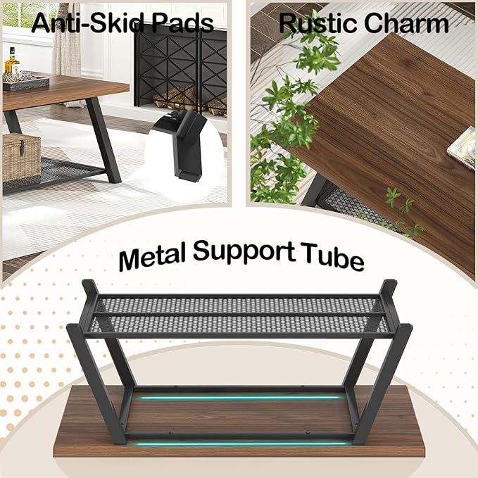 FOLUBAN Modern Coffee Tables for Lliving Room, Retro Wood and Metal Coffee Table with Storage, 2-Tier Industrial Rectangle Cocktail Tea Table, Walnut, 47 Inch