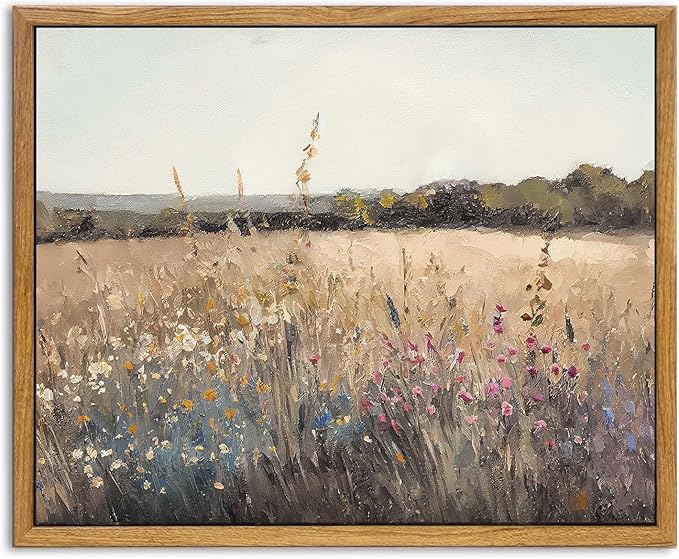 KBKBART Framed Vintage Wall Art Prints, Retro European Country Autumn Wildflower Field Landscape Canvas Painting Farmhouse Decor, Rustic Antique Framed Canvas Wall Art for Bathroom, Bedroom, Living