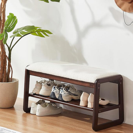 Achicsofar Shoe Rack Bench,2 Tier Solid Wooden Entryway Bench with Shoe Storage, Shoe Rack with Cushion for Living Room, Hallway(Cream White, 31.5")