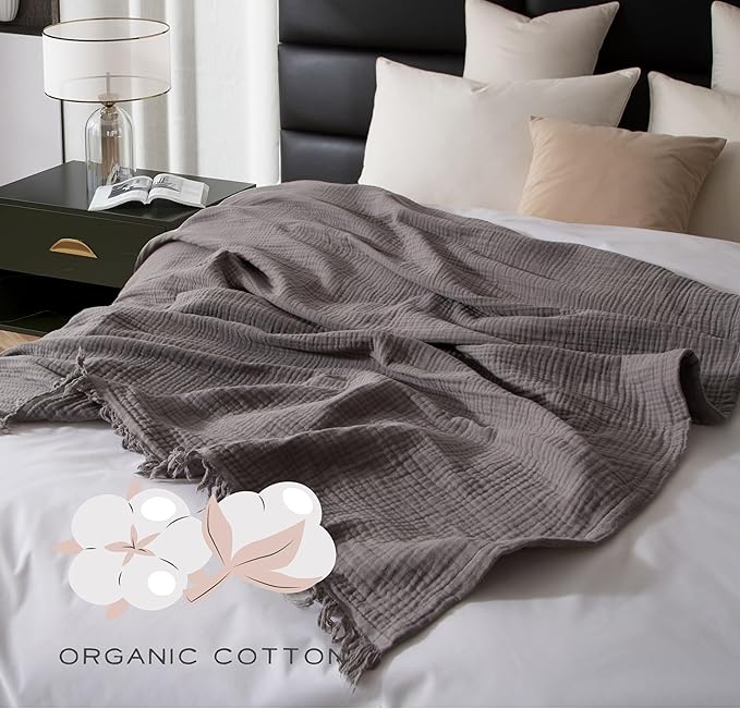 KyraHome 100% Cotton Throw Blanket for Couch, 60"x80" Large Muslin Blankets for Adults, Plant-Dyed, Breathable Cozy Lightweight Summer Blanket, Picnic, Travel, All Season, Dark Grey