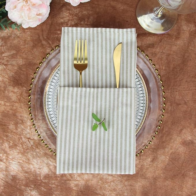 Plain Striped Cotton Linen Blended Dinner Cloth Napkins - Set of 12 (17 x 17 inches) - for Events & Home Use (Beige)