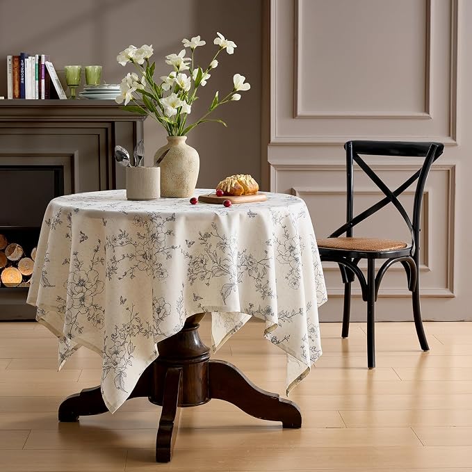 Farmhouse Linen Square Tablecloth Floral Table Cloth with Gray Flowers Pattern Burlap Textured French Rustic Vintage Outdoor Table Cover for Picnic,Dining,Party,Home Decor 55x55 Inch
