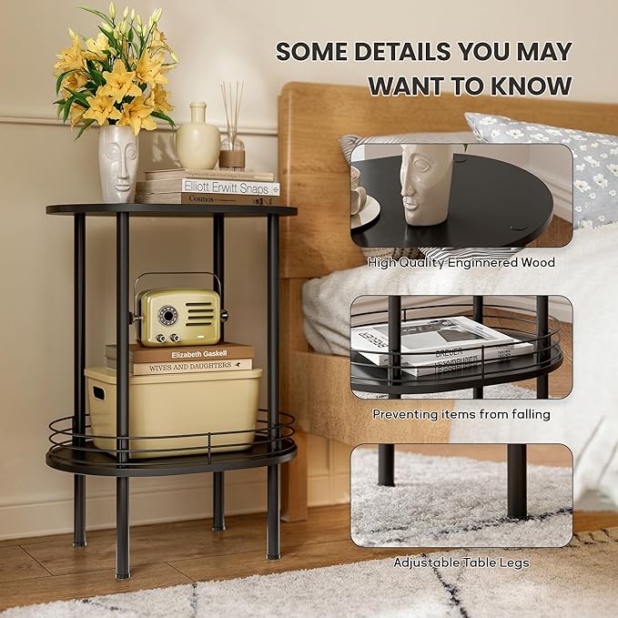 Nightstand Set of 2,Small Modern Round Side Table with Storage,2-Tier End Table for Small Space -Living Room,Bedroom, Nursery (2PC,Black)