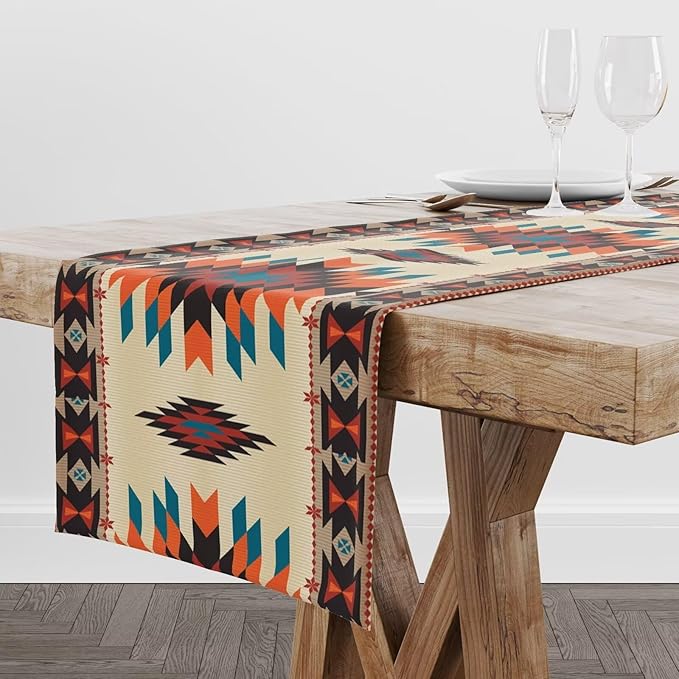 Aztec Southwest Table Runner, Ethnic Style Design Geometric Triditional Kitchen Table Runners Table Setting Decor for Garden Farmhouse Wedding Party Holiday 13x108 Inch
