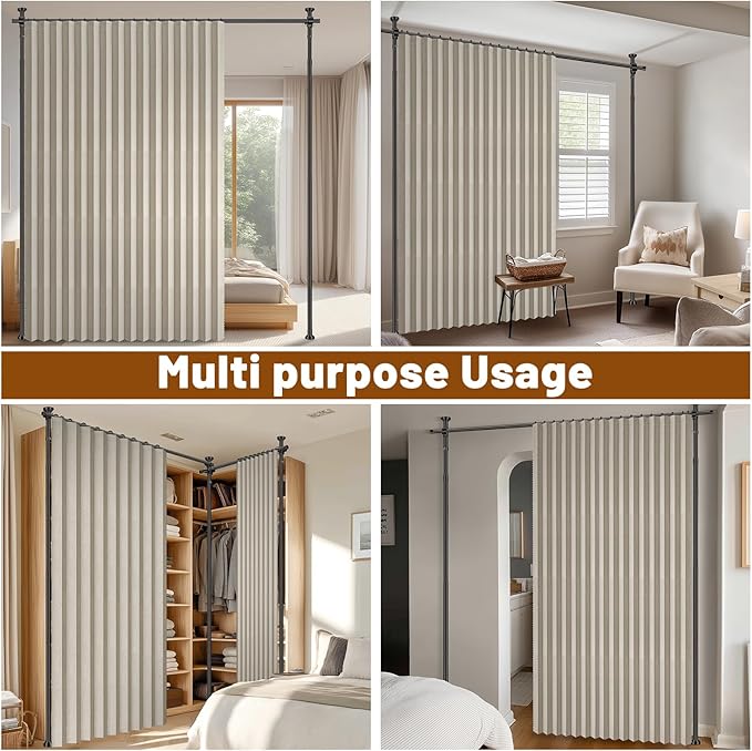 AJAZZ Room Divider Curtain (2 Panels, Cream White, W100 x L84 in)+ Curtain Rods No Drilling Adjustable Tension (H) 43-120×(W) 35-200 in, Heavy Duty Wall Divider for Apartment/Dorm
