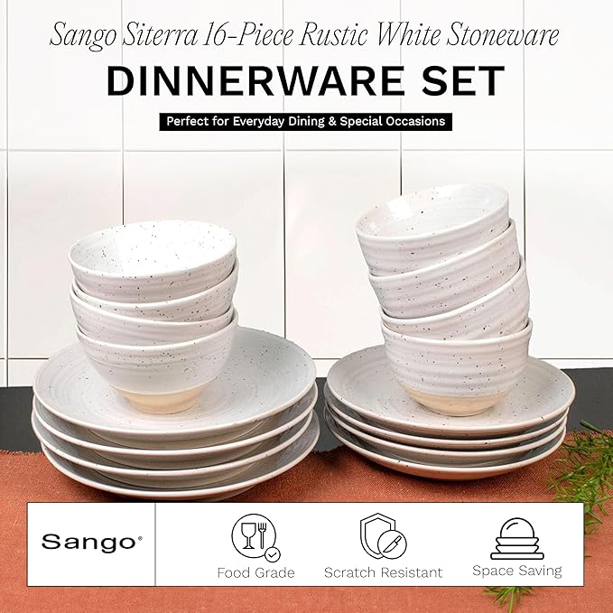 Sango Siterra 16-Piece Rustic White Stoneware Dinnerware Set – Service for 4, White with Glossy Speckle Overlay, for Everyday Dining & Entertainment, Microwave & Dishwasher Safe