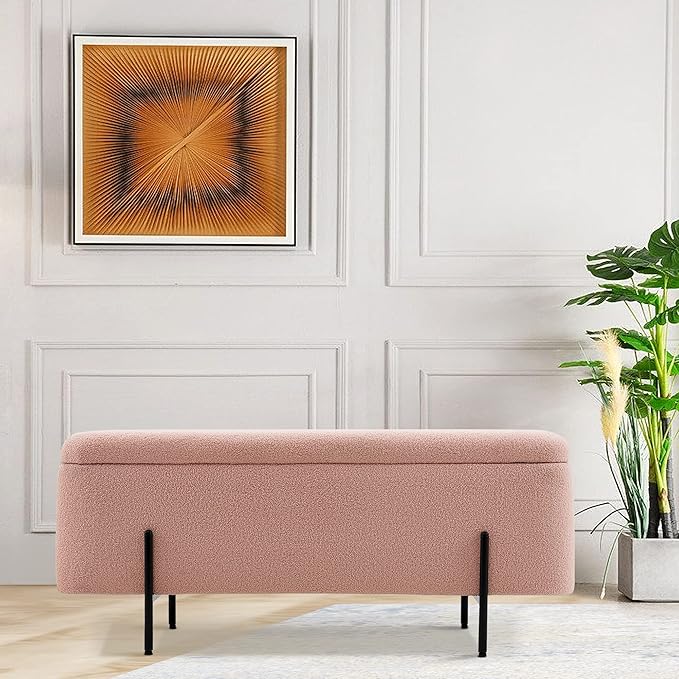 MCombo Storage Ottoman Bench, Teddy Fabric Upholstered Footstool with Storage Space, Bed End Bench for Bedroom, Living Room, Entryway W709 (Pink)
