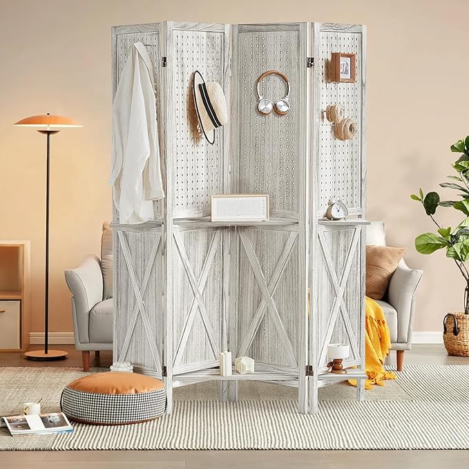 4 Panel Pegboard Display with 16 Hooks, Wooden Pegboard Room Divider Wall with Shelf, Partition Room Dividers and Folding Privacy Screens, Bedroom, Jewelry Store, White