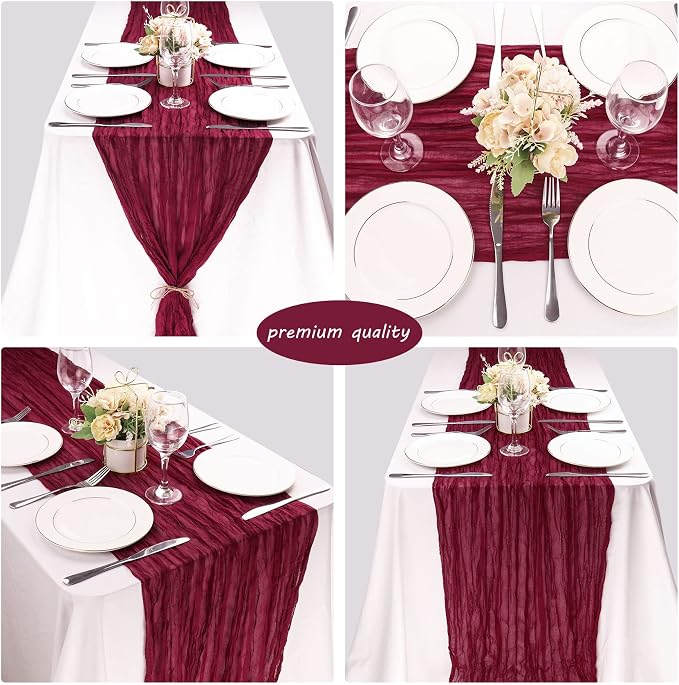 12 Pack Cheesecloth Table Runner 35x72 Inch Boho Gauze Table Runner Rustic Cheese Cloth Long Romantic Table Runners for Wedding Bridal Shower Birthday Party Table Decor (Burgundy)
