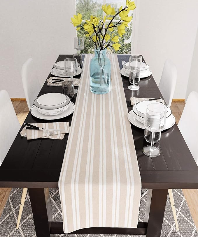 Encasa XO Cotton Cloth Napkins Set of 6, 17"x17" | Washable & Reusable Dinner Napkins Franca Beige Stripes Table Napkins for Farmhouse, Wedding, Holiday, Party & Everyday Dining