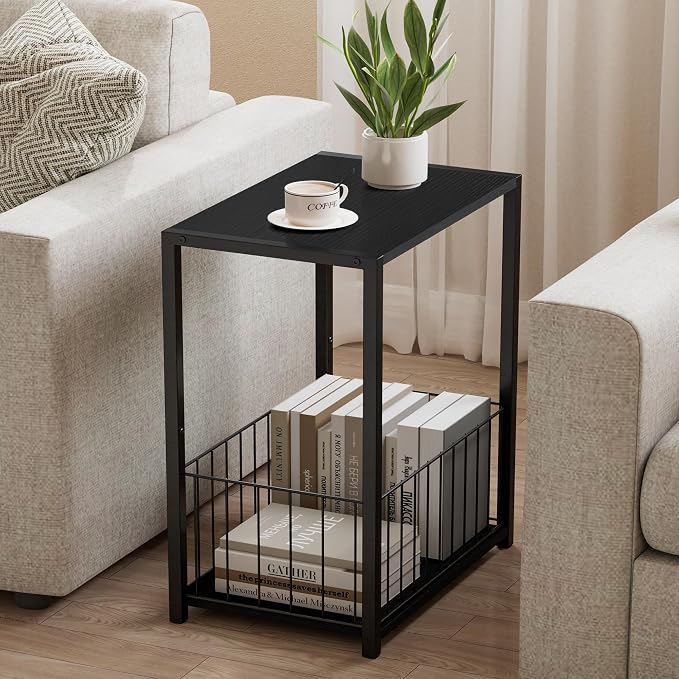 Homleke Side Table with Magazine Holder, Record Player Stand with LP Shelf, End Table for Living Room, Bedroom, or Bedside, Easy Assembly, 11" D x 16.9" W x 23.6" H, Black