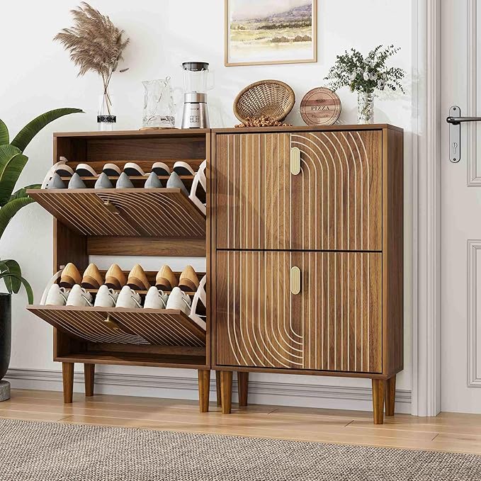 Shoe Cabinet Storage for Entryway, Narrow Slim Shoe Storage Cabinet with 2 Flip Drawers, Freestanding Shoe Rack Organizer Cabinet with Line Groove Design for Hallway, Brown