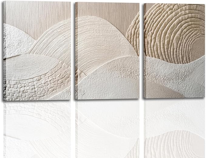 skysoon 3 Panels Neutral Abstract Wall Art, Minimalist Textured Canvas Wrapped Wall Decor, Beige Modern Boho Nordic Artwork for Living Room Bedroom Office 16x24 Inch