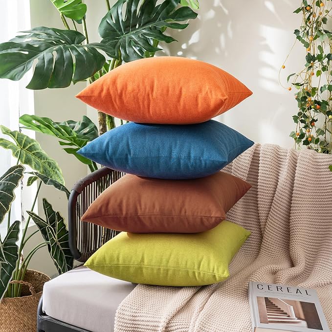 MIULEE Pack of 2 Decorative Outdoor Solid Waterproof Throw Pillow Covers Euro Sham Faux Linen Garden Farmhouse Cushion Cases for Summer Patio Tent Balcony Couch Sofa 22x22 Inch Bright Orange