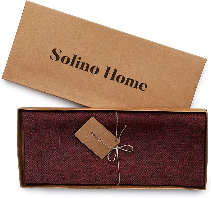 Solino Home Linen Table Runner 72 Inches Long - Athena, 100% Pure Linen Red Garnet Dining Table Runner 14 x 72 Inch for 4th of July
