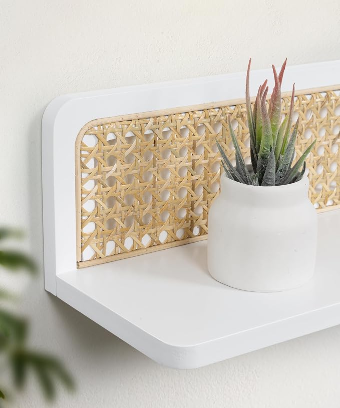 Rattan Wall Shelf 16inch Set of 2, Handmade White Floating Shelves Boho Wall Decor, Rustic Wood Cute Wall Mounted Storage Shelves for Living Room Nursery Bedroom
