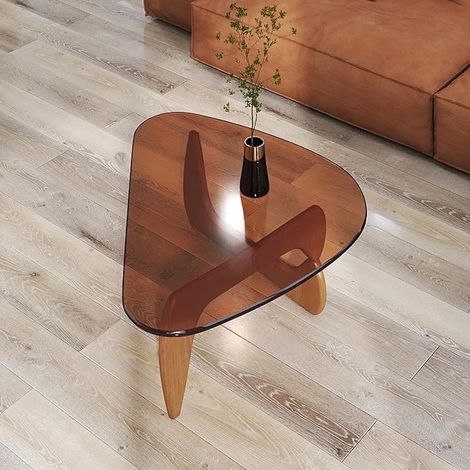Mid Century Modern Coffee Table, 35.5″Center Table with Solid Wood Base & Triangle Tempered Glass Top, for Small Spaces/Living Room Reception/Office, Unique, Rustic