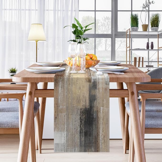 Emvency Farmhouse Table Runner, Abstract White and Brown Art Painting for Kitchen Coffee Table Family Dinners Holiday Parties Wedding Events Decor(13x90 inch)