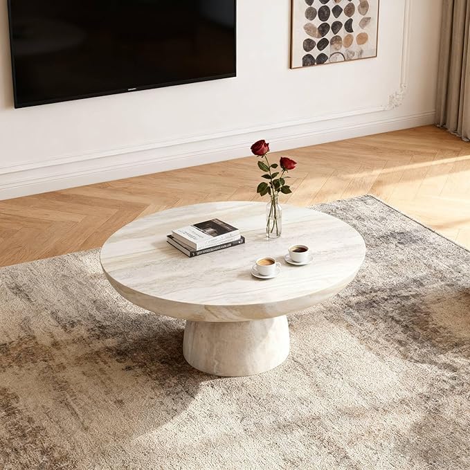 31.5" Round Coffee Table with Round Pedestal, Fiberglass Faux Marble Tabletop for Living Room, Modern Circle Center Table Tea Table for Apartment, Office, Beige Mars Pattern
