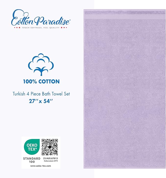 Cotton Paradise 100% Cotton Turkish Towel Set, Soft Absorbent Quick Dry, 4 Piece Bath Towel Set, Lilac