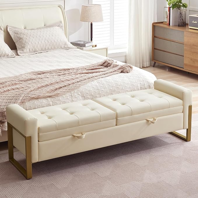 67" End of Bed Storage Bench King Size, Upholstered Faux Leather Bench for Bedroom Foot of Bed, Double Lids Storage Ottoman Bench with Golden Legs for Window Living Room Entryway, Beige
