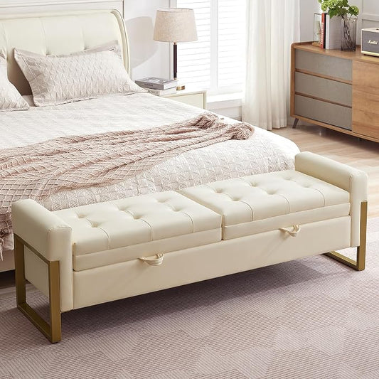 67" End of Bed Storage Bench King Size, Upholstered Faux Leather Bench for Bedroom Foot of Bed, Double Lids Storage Ottoman Bench with Golden Legs for Window Living Room Entryway, Beige